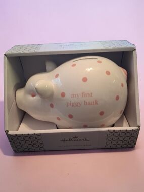 Hallmark Baby Keepsake white ceramic piggy bank featuring pink polka dots
